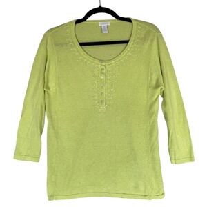 Chicos Blouse Top‎ Womens Size 0 4 Small Lime Green Linen Blend Beaded Boho Chic